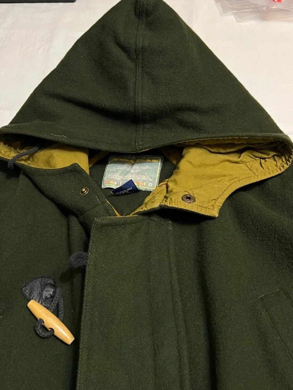 Vintage Boat Works Wool Toggle Coat Green Quilted Lining Hooded Jacket Men's L